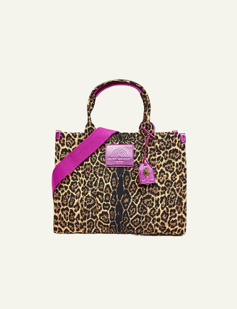 Women's Kurt Geiger Southbank Tote leopard print bag with pink details front view