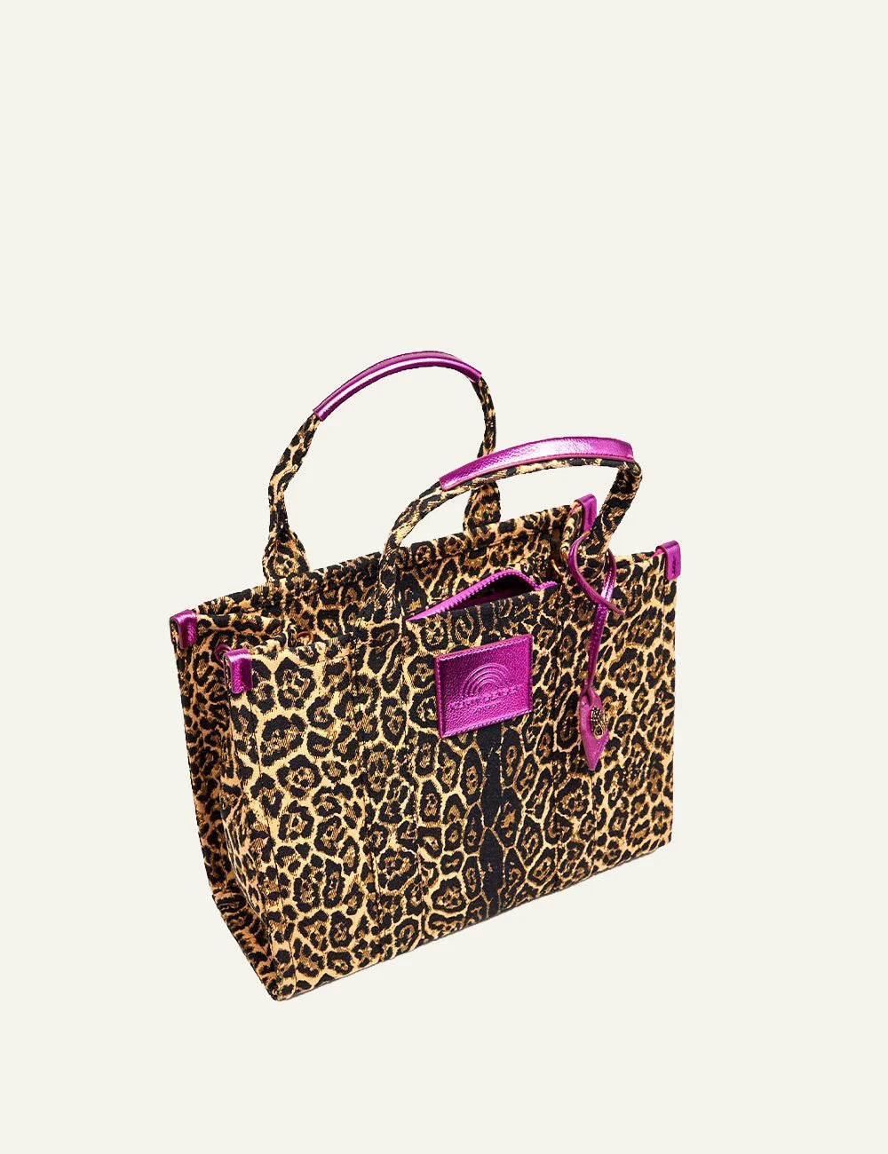 Women's Kurt Geiger Southbank Tote leopard print bag with pink details side view