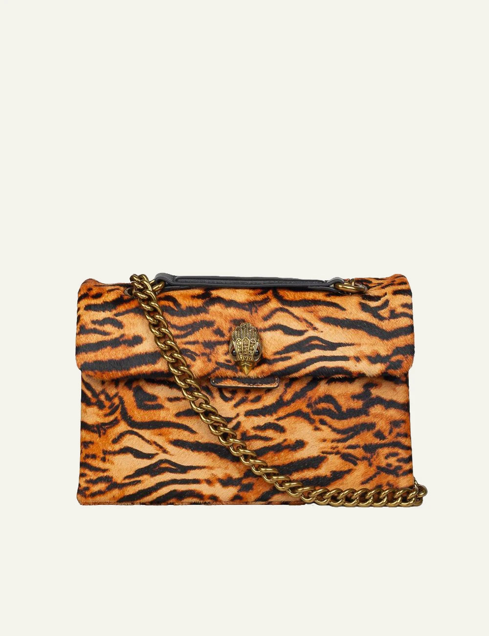 Women's Kurt Geiger tiger print leather shoulder bag with chain strap front view
