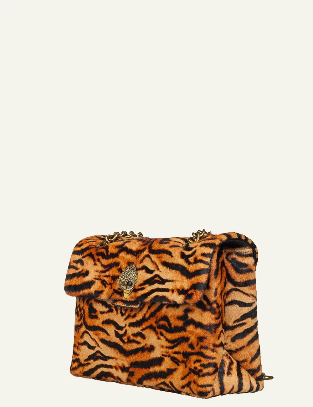 Women's Kurt Geiger tiger print leather shoulder bag with chain strap side view