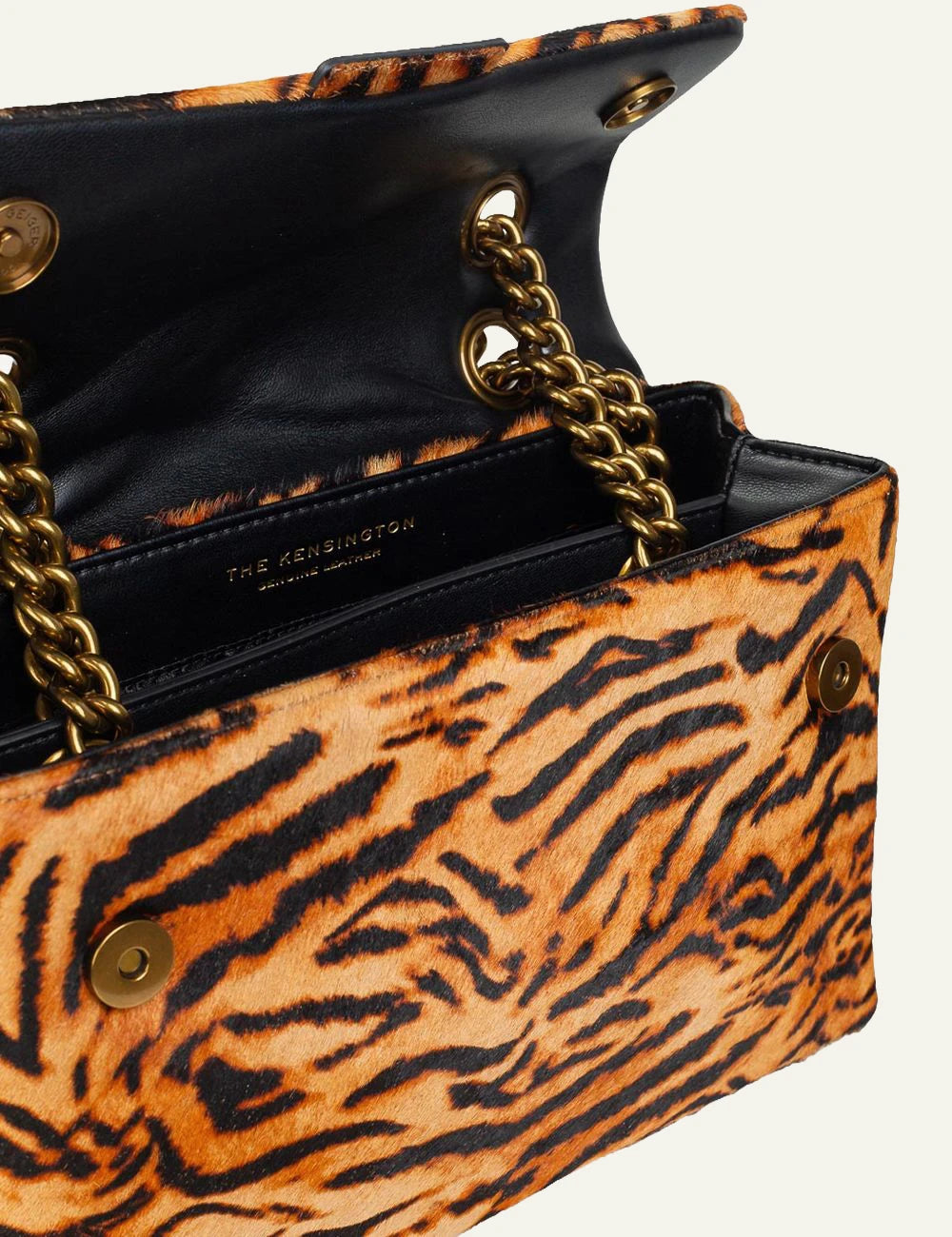 Women's Kurt Geiger tiger print leather shoulder bag with chain strap interior view