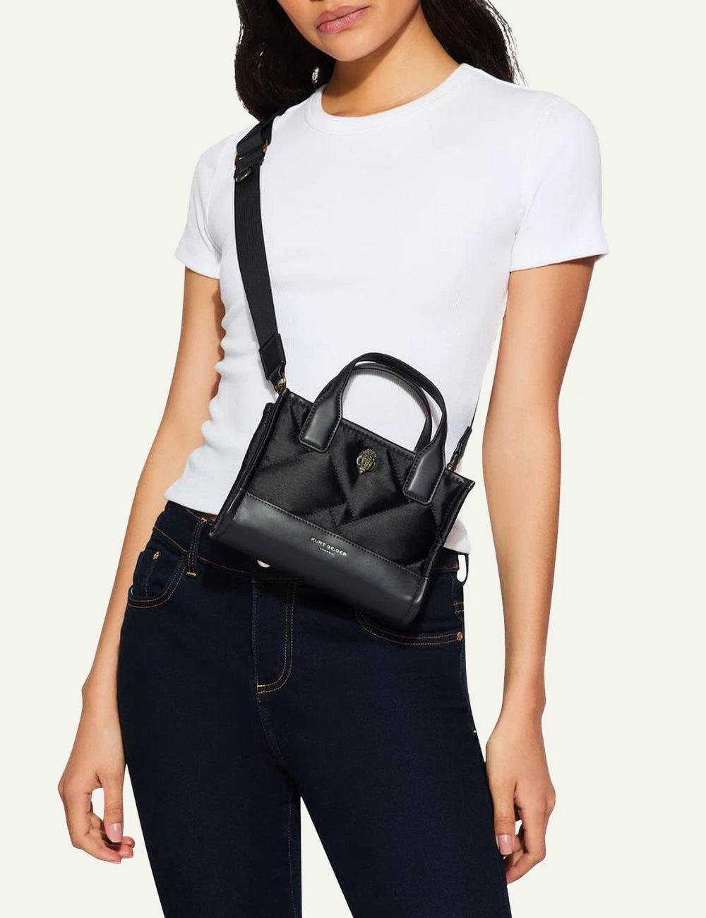 Kurt Geiger XS Recycled Sq Shopper black nylon quilted front model view