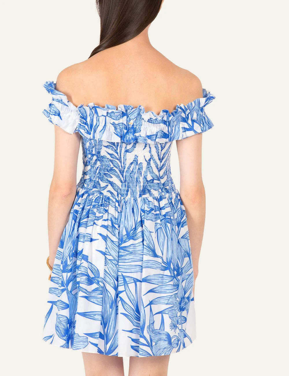 La Poupette Amber dress blue palm leaf off shoulder mini back
