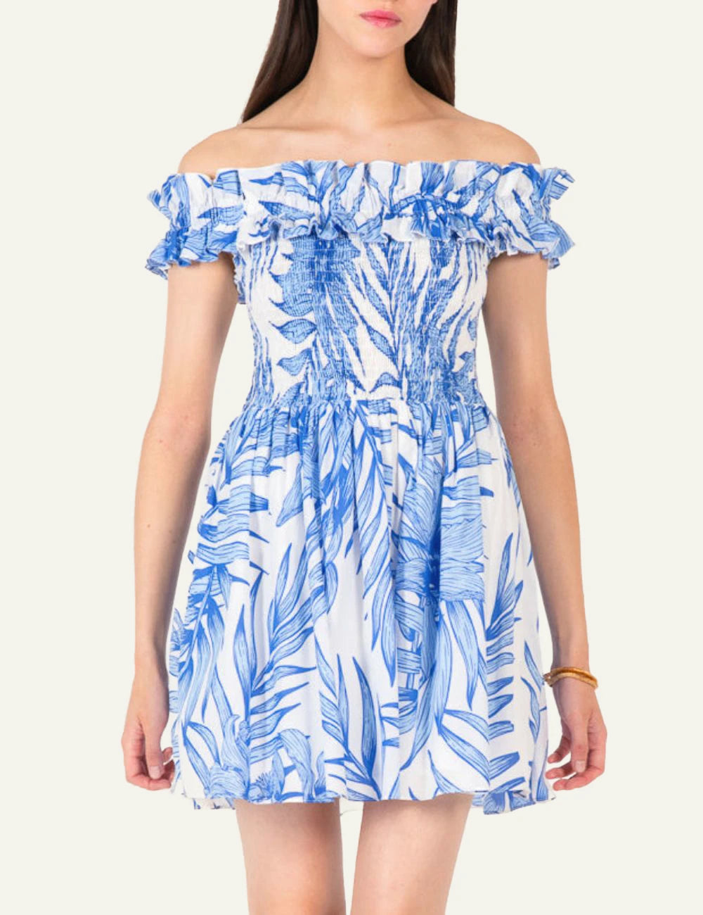 La Poupette Amber dress blue palm leaf off shoulder mini front
