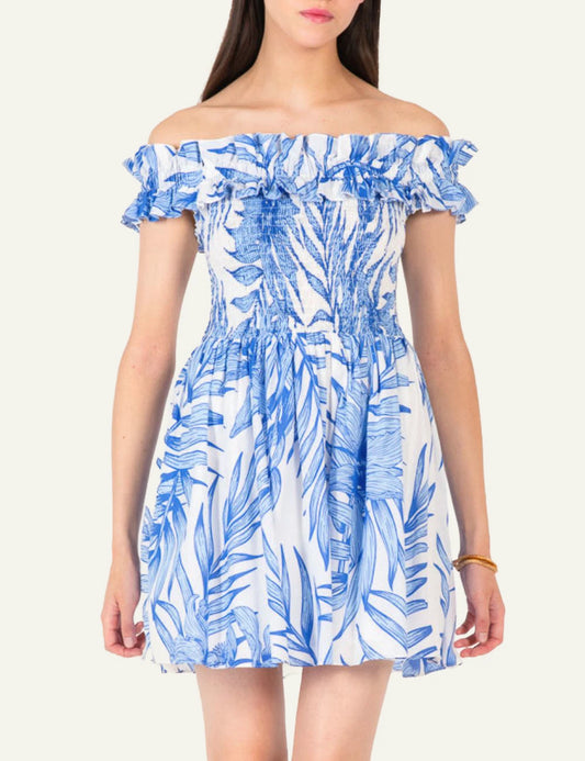La Poupette Amber dress blue palm leaf off shoulder mini front