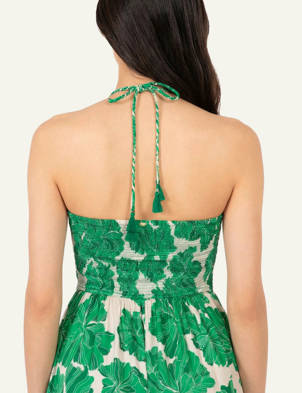 La Poupette Avril dress green floral satin maxi halter slit back