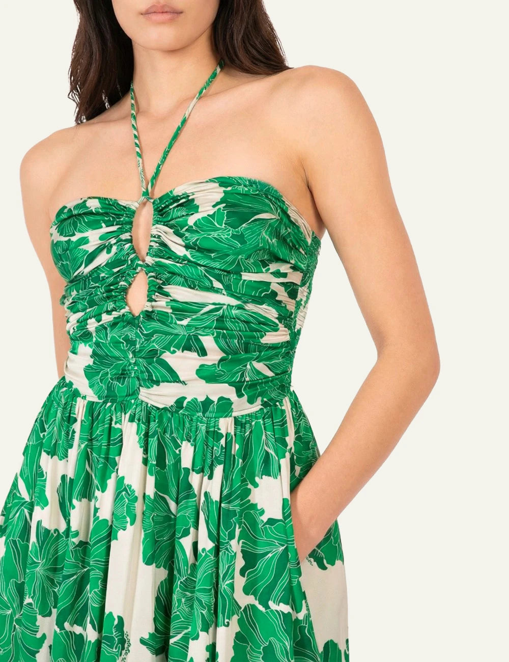 La Poupette Avril dress green floral satin maxi halter slit front detail