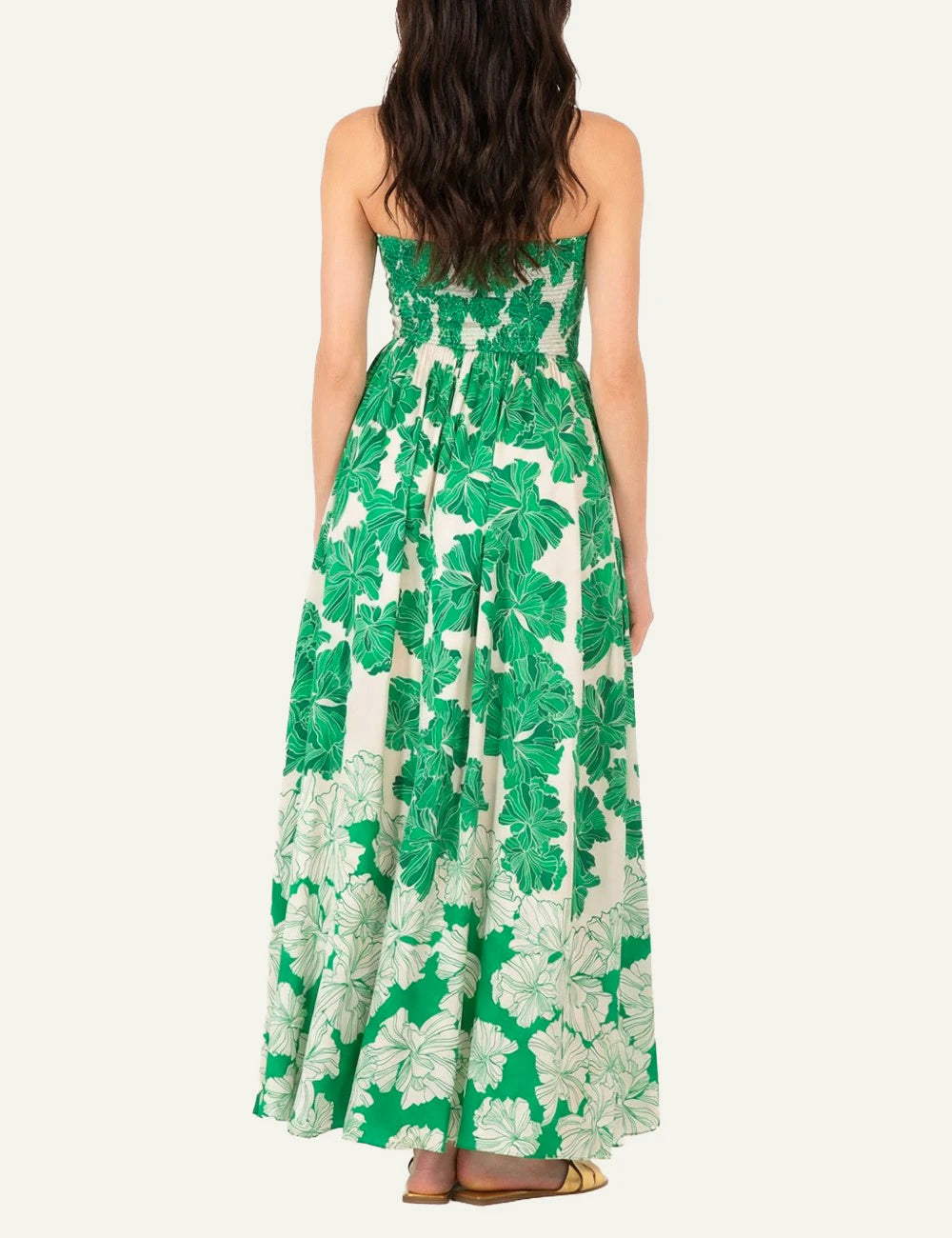La Poupette Avril dress green floral satin maxi halter slit back model