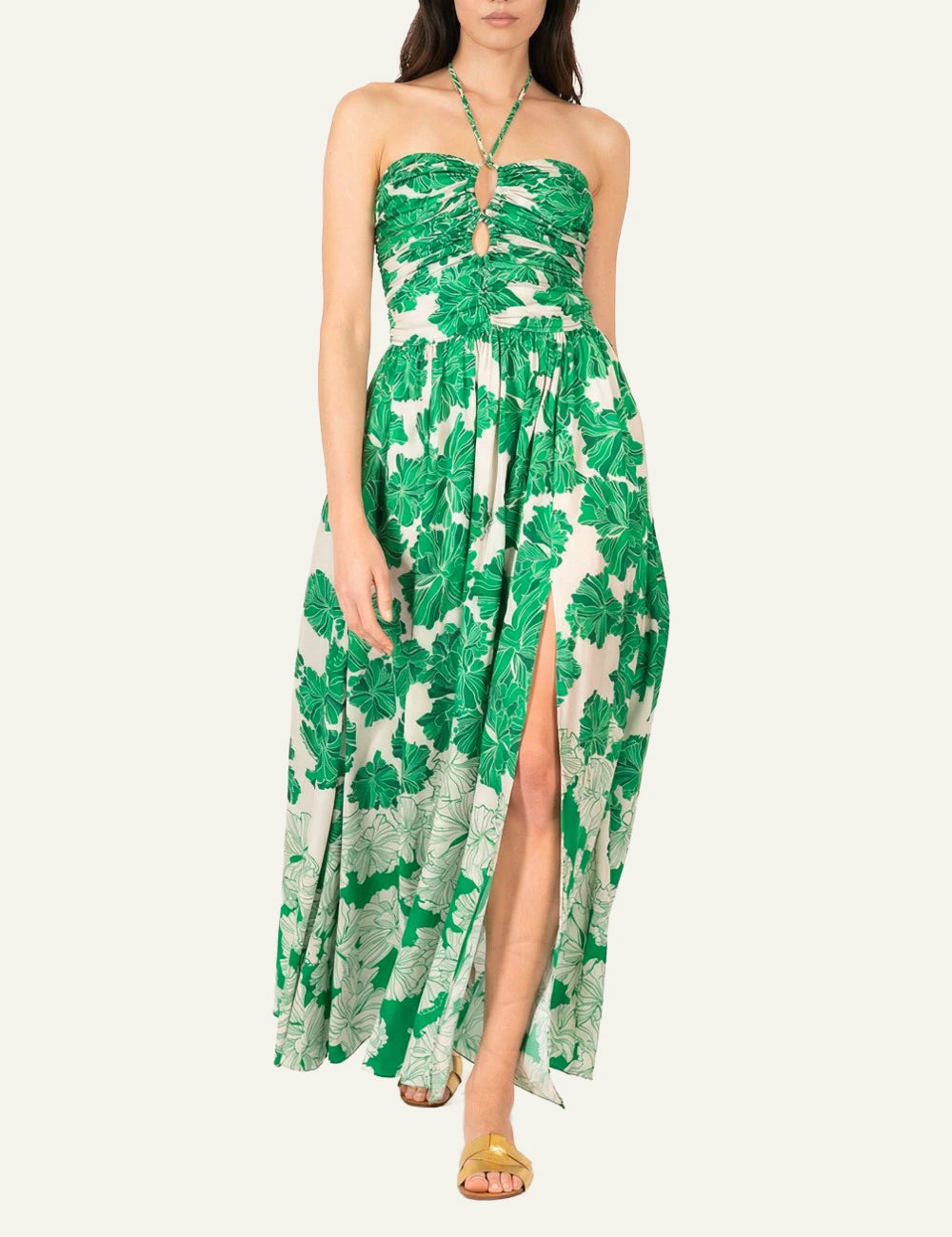 La Poupette Avril dress green floral satin maxi halter slit front