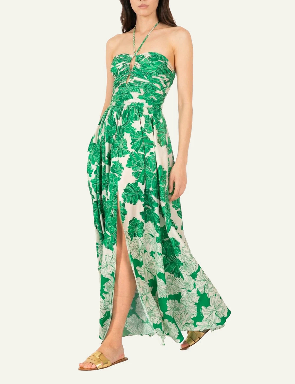 La Poupette Avril dress green floral satin maxi halter slit side model