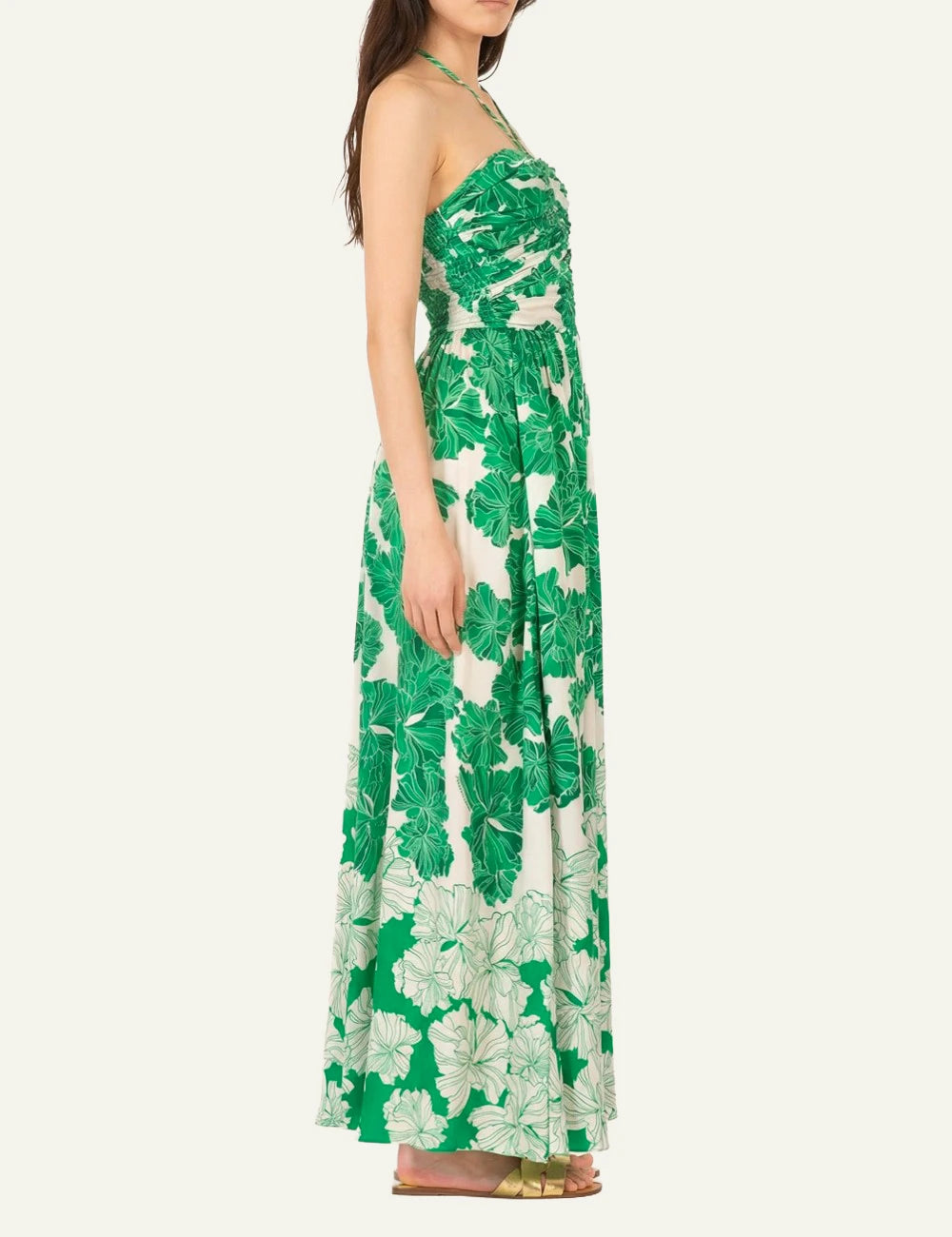 La Poupette Avril dress green floral satin maxi halter slit side