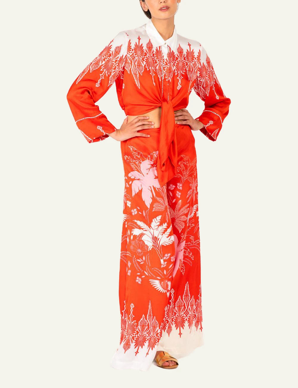 La Poupette Clea pants coral floral satin wide leg front detail