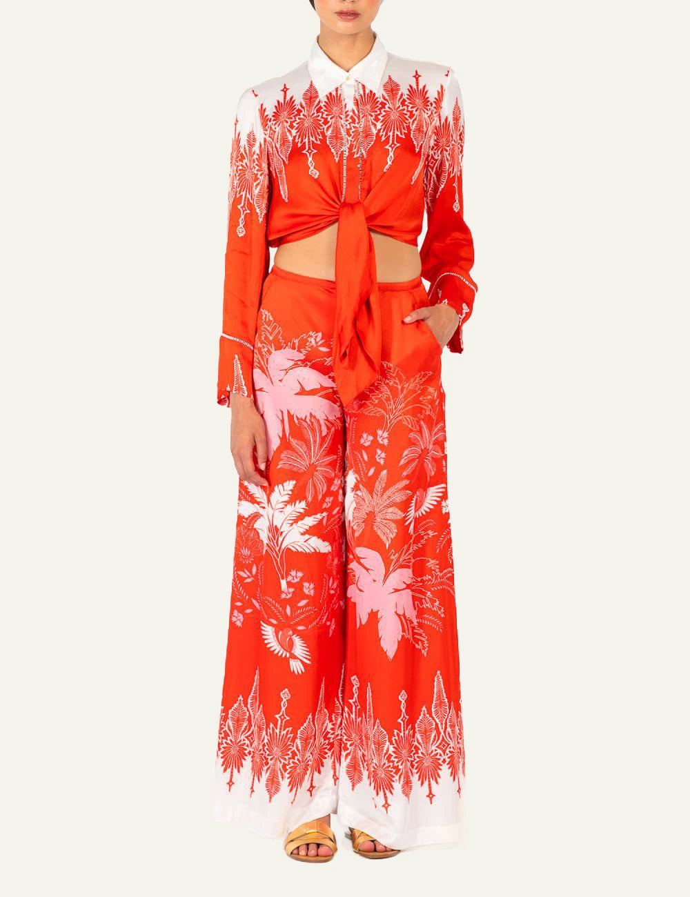 La Poupette Clea pants coral floral satin wide leg front