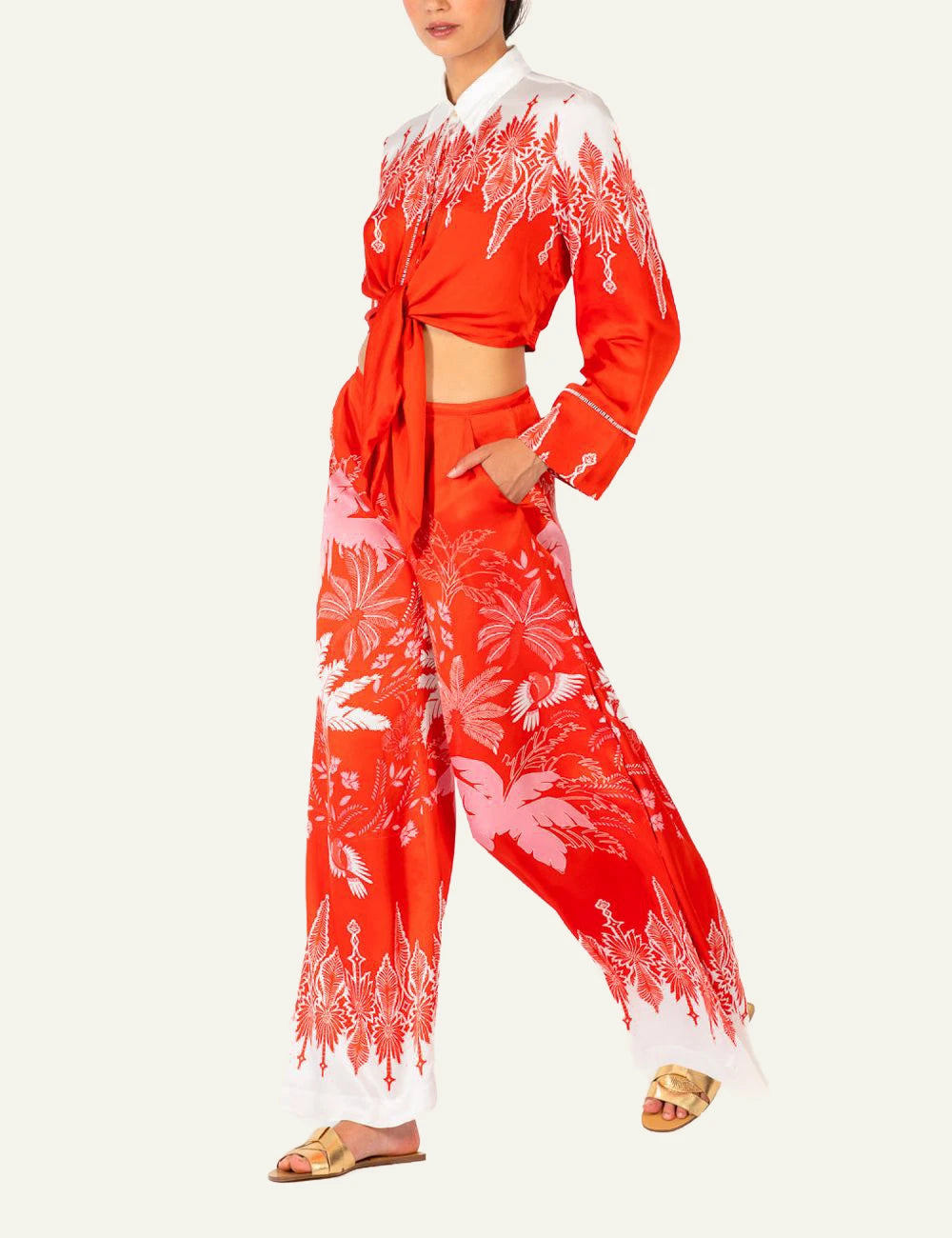 La Poupette Clea pants coral floral satin wide leg side