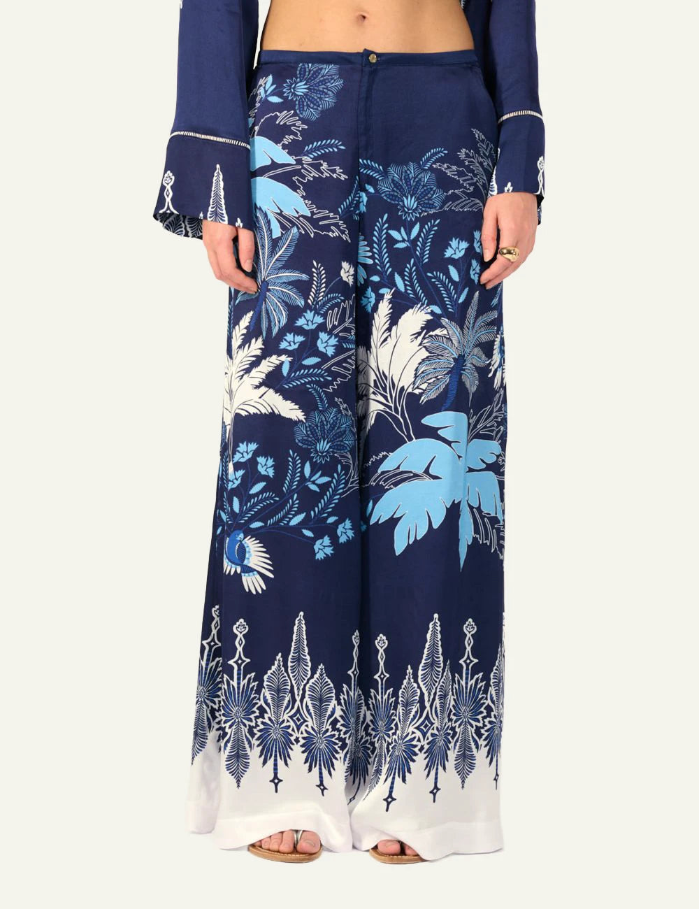 La Poupette Clea pants navy floral satin wide leg front