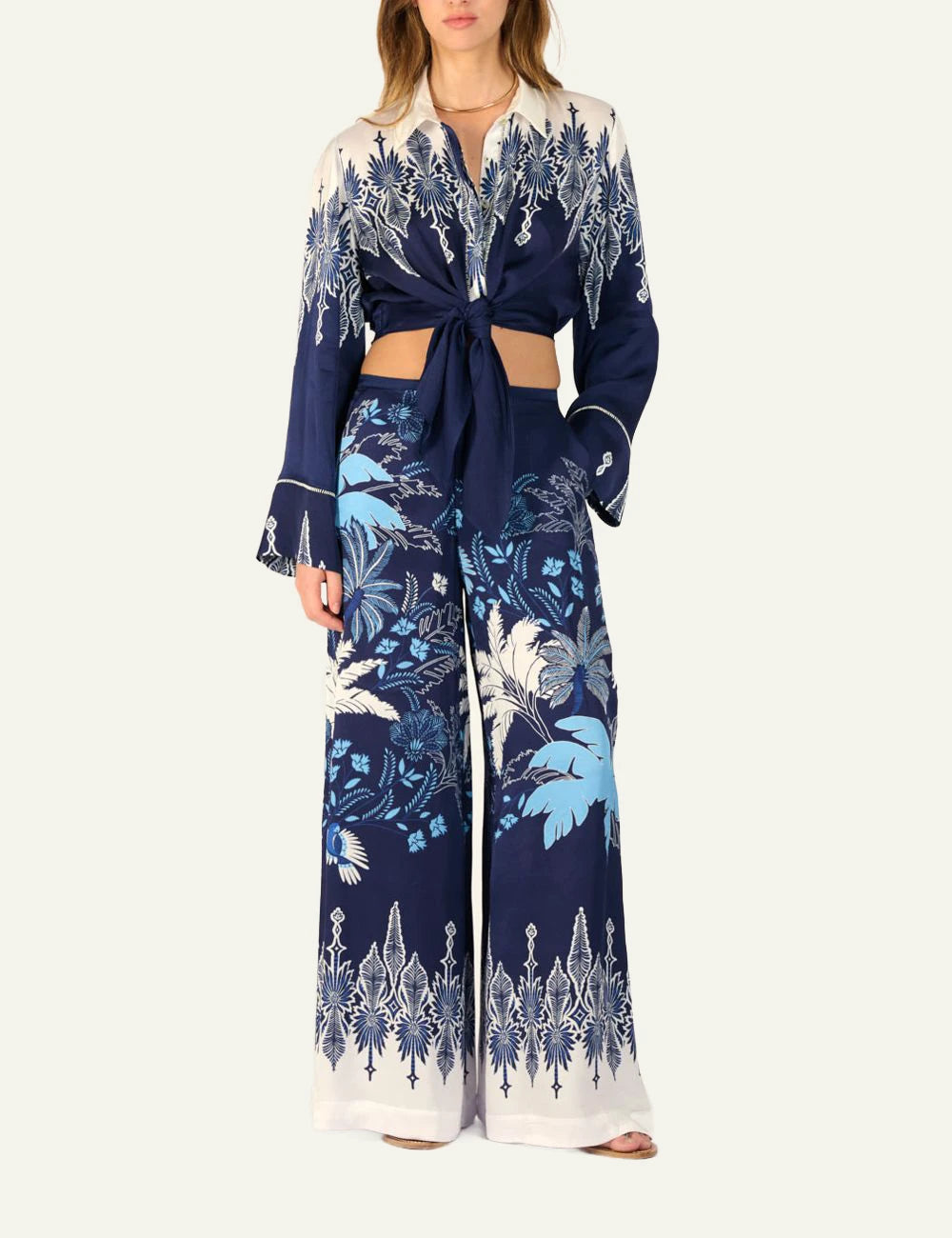La Poupette Clea pants navy floral satin wide leg front full body