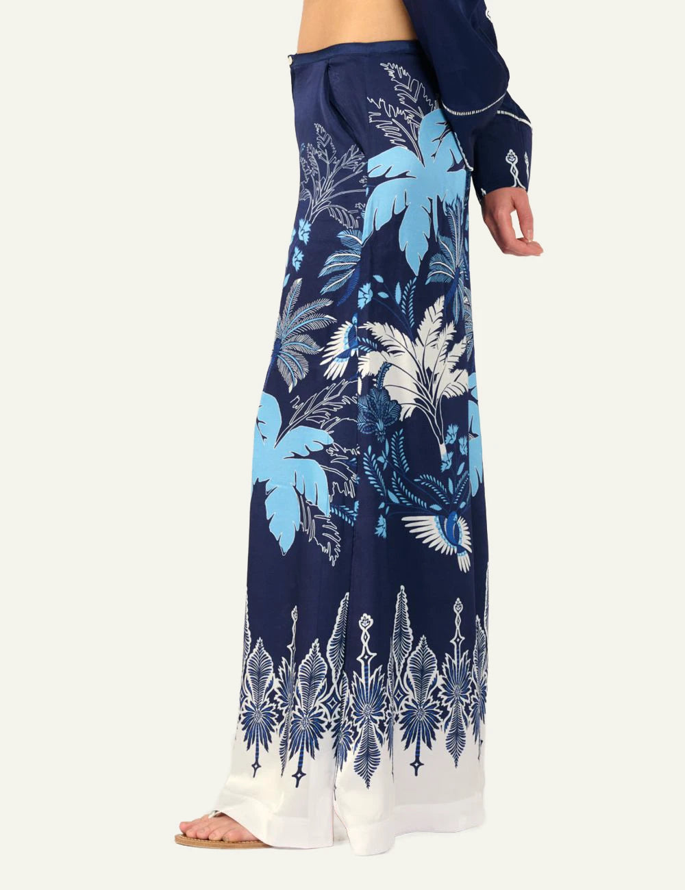 La Poupette Clea pants navy floral satin wide leg side