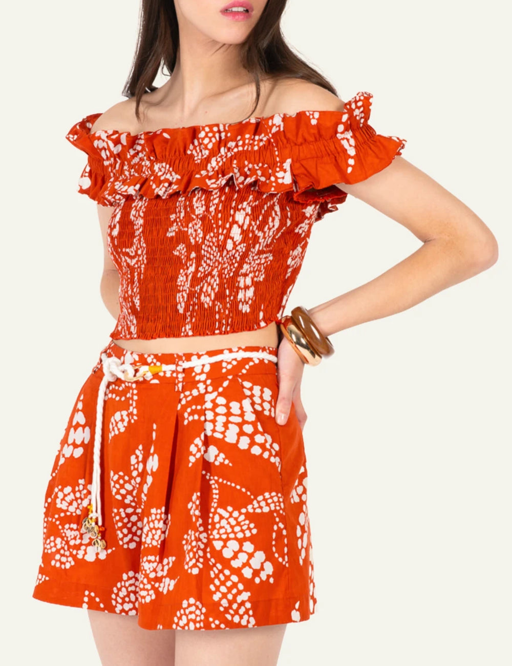 La Poupette cotton shorts high waist cord belt tassel paprika print front full body detail