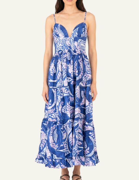 La Poupette long dress straps bust wire blue print maxi front view