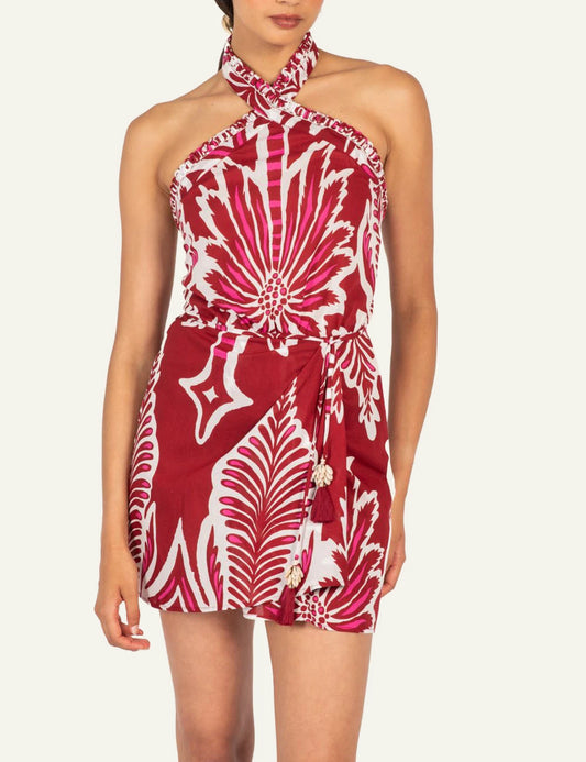 La Poupette Manon dress bordeaux floral mini halter pareo front