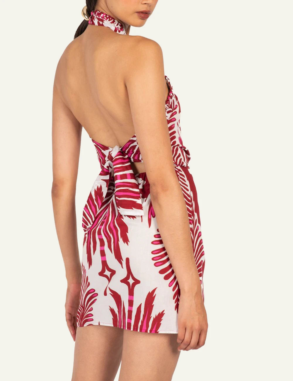 La Poupette Manon dress bordeaux floral mini halter pareo side
