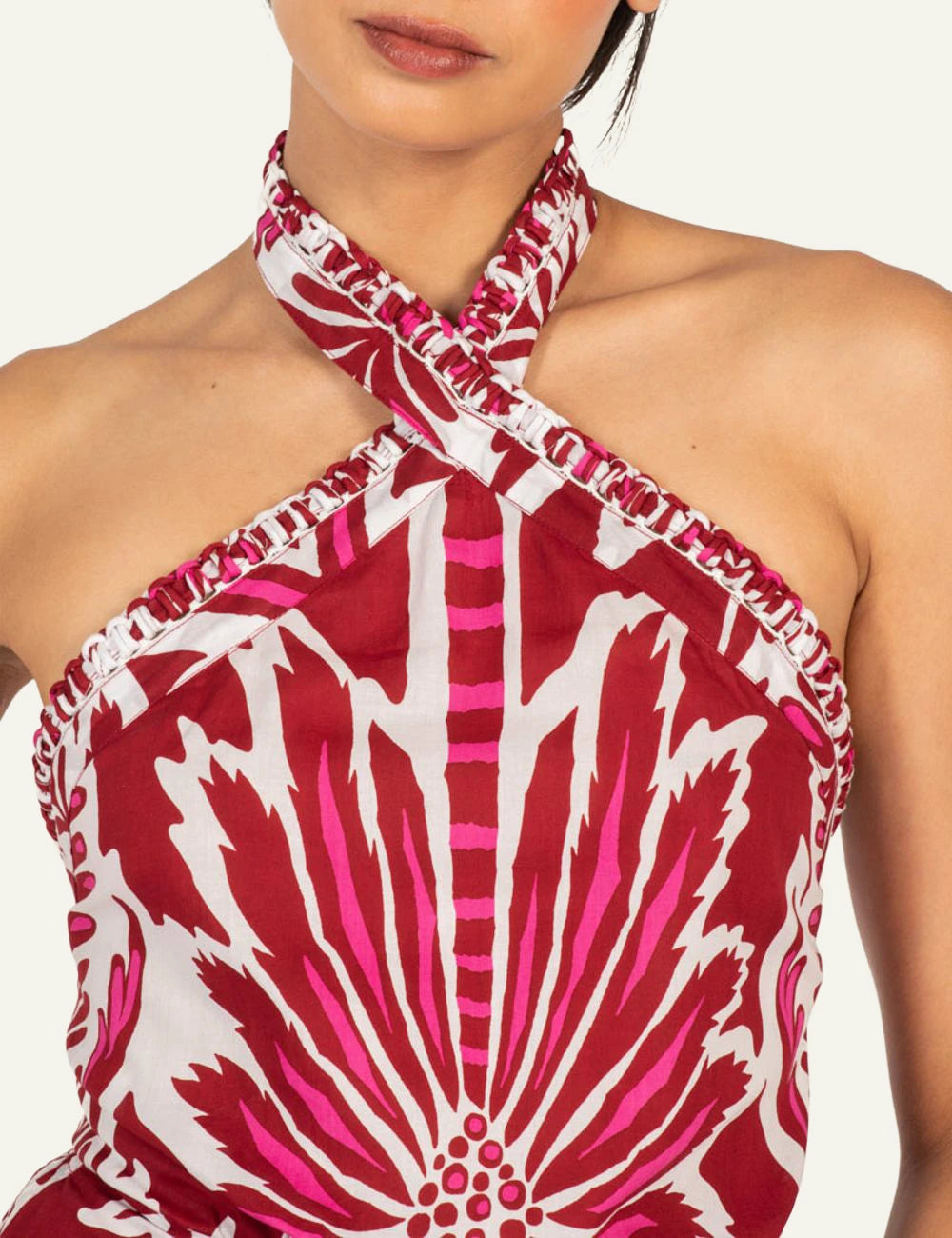 La Poupette Manon dress bordeaux floral mini halter pareo front detail