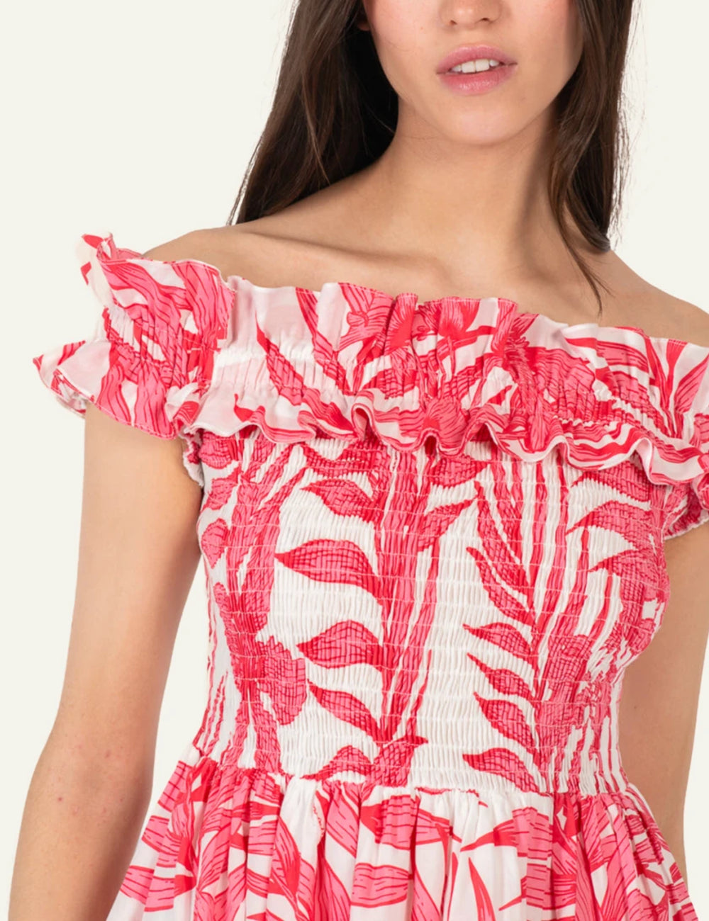 La Poupette mini dress off shoulder smocked pink palm print front detail view