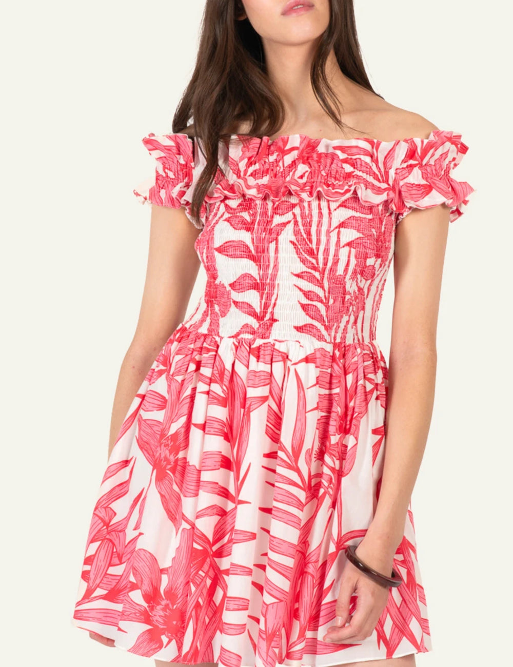 La Poupette mini dress off shoulder smocked pink palm print front view