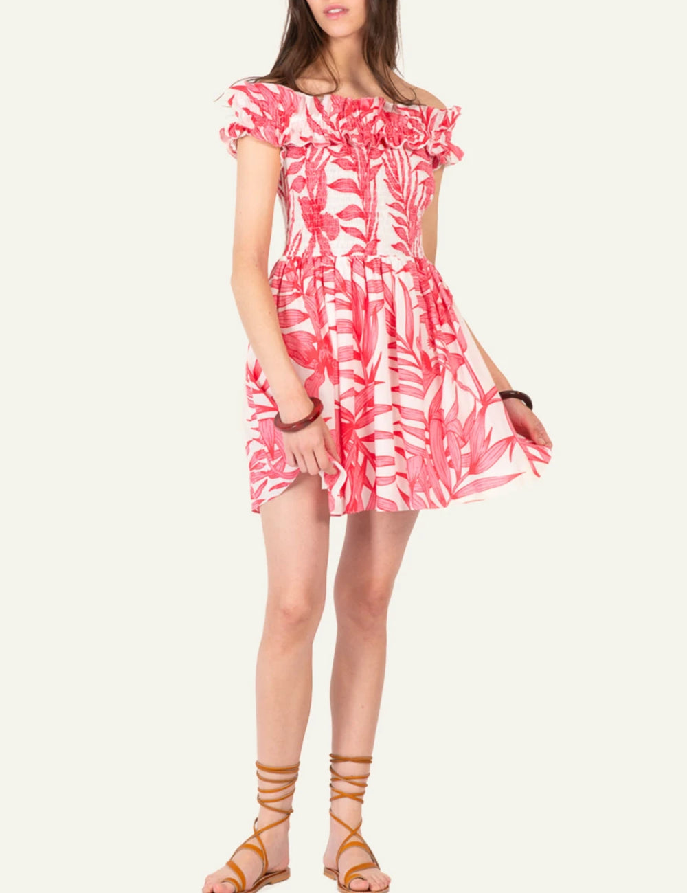 La Poupette mini dress off shoulder smocked pink palm print front full body view