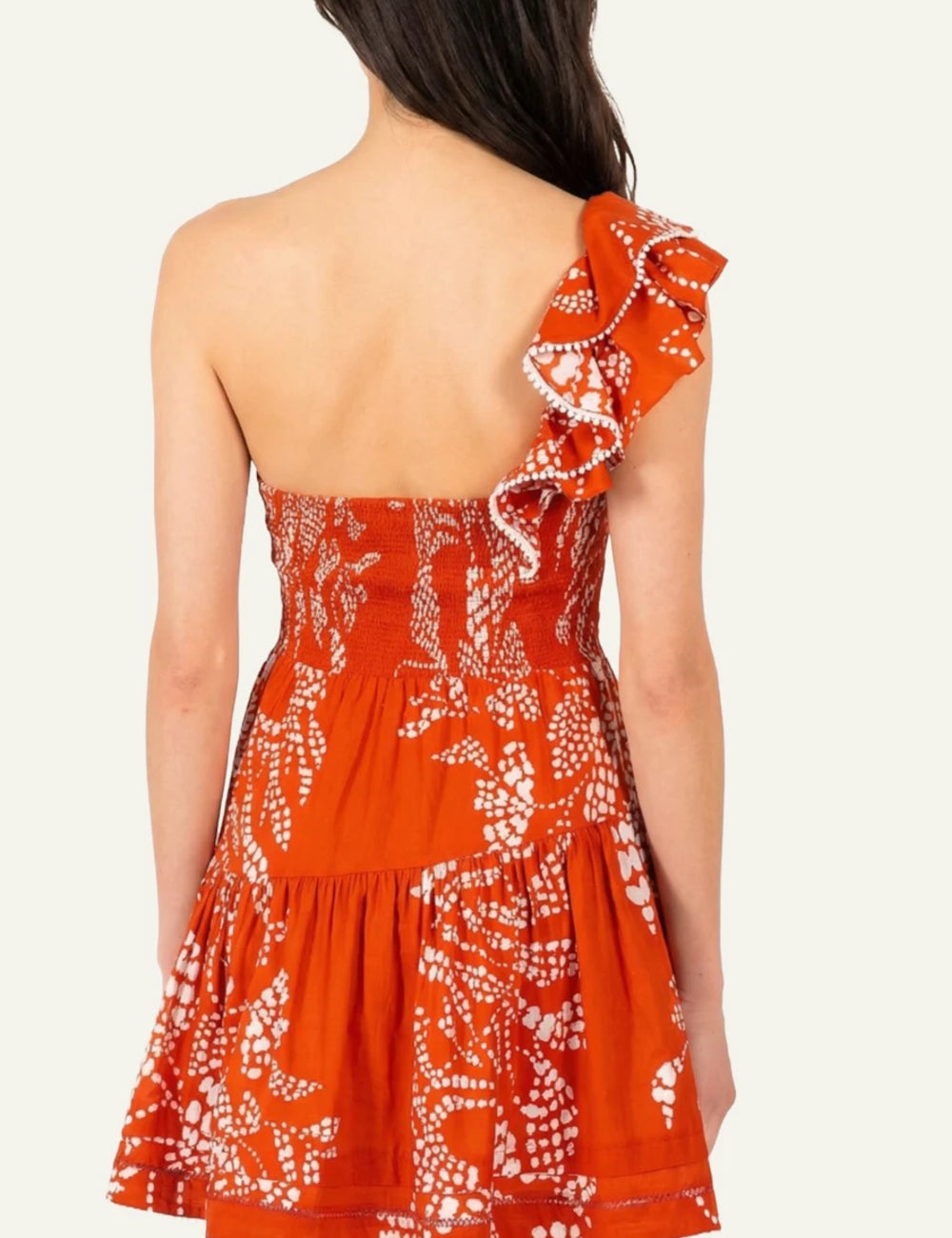 La Poupette mini dress one shoulder twist top cut out paprika print back view