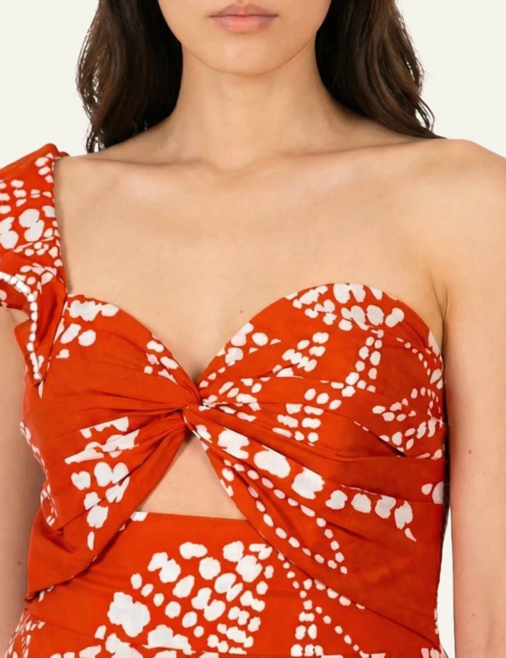 La Poupette mini dress one shoulder twist top cut out paprika print front detail view