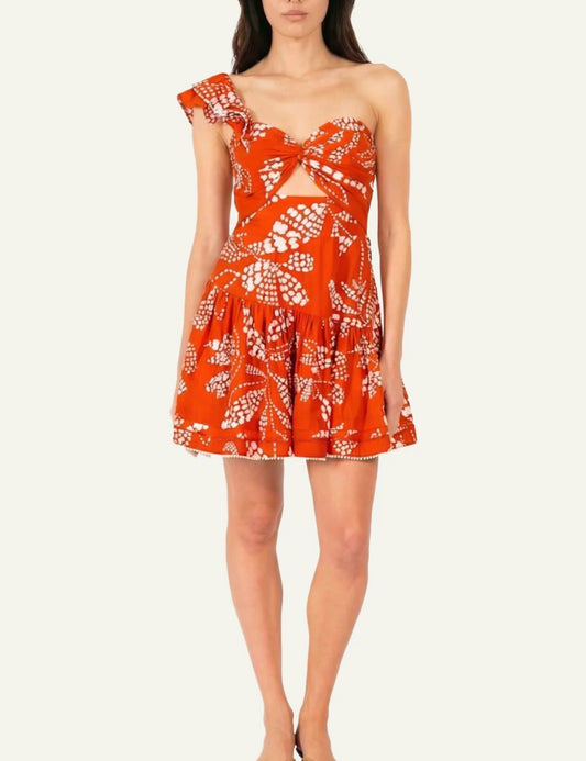 La Poupette mini dress one shoulder twist top cut out paprika print front view