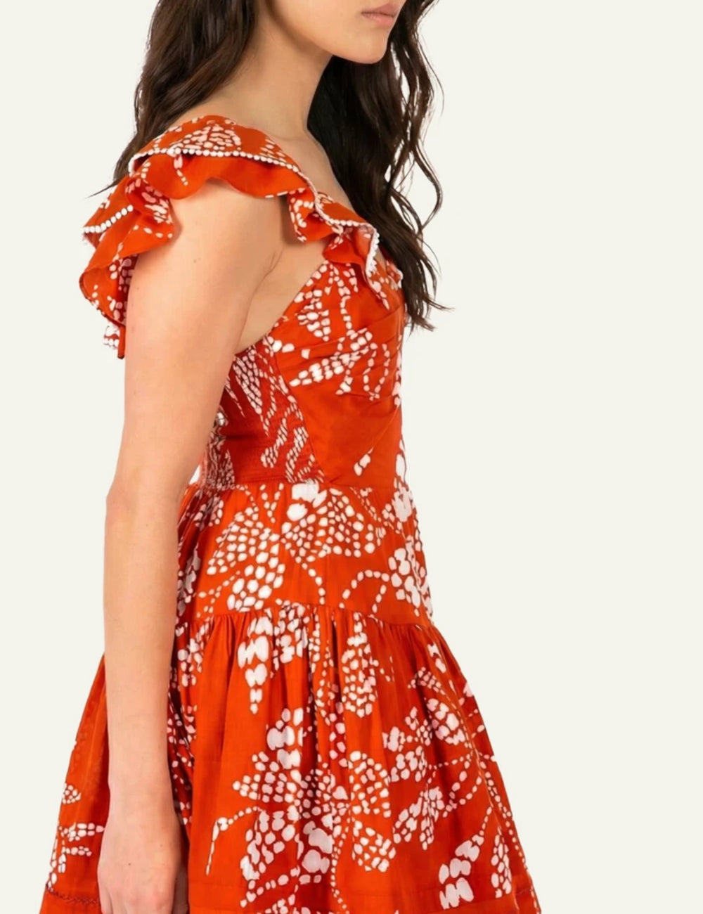 La Poupette mini dress one shoulder twist top cut out paprika print side view