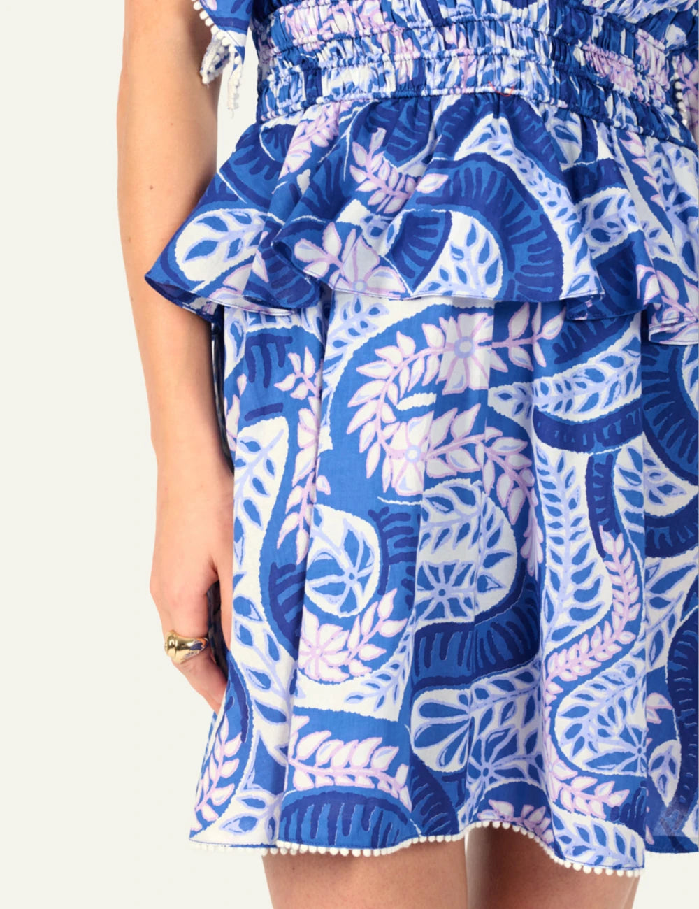 La Poupette mini dress v neck ruffle sleeve blue print peplum front detail view