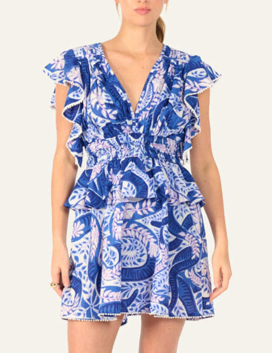 La Poupette mini dress v neck ruffle sleeve blue print peplum front view