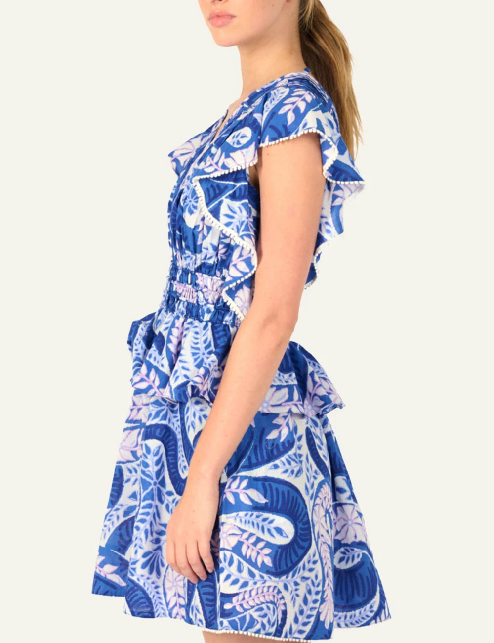 La Poupette mini dress v neck ruffle sleeve blue print peplum side view