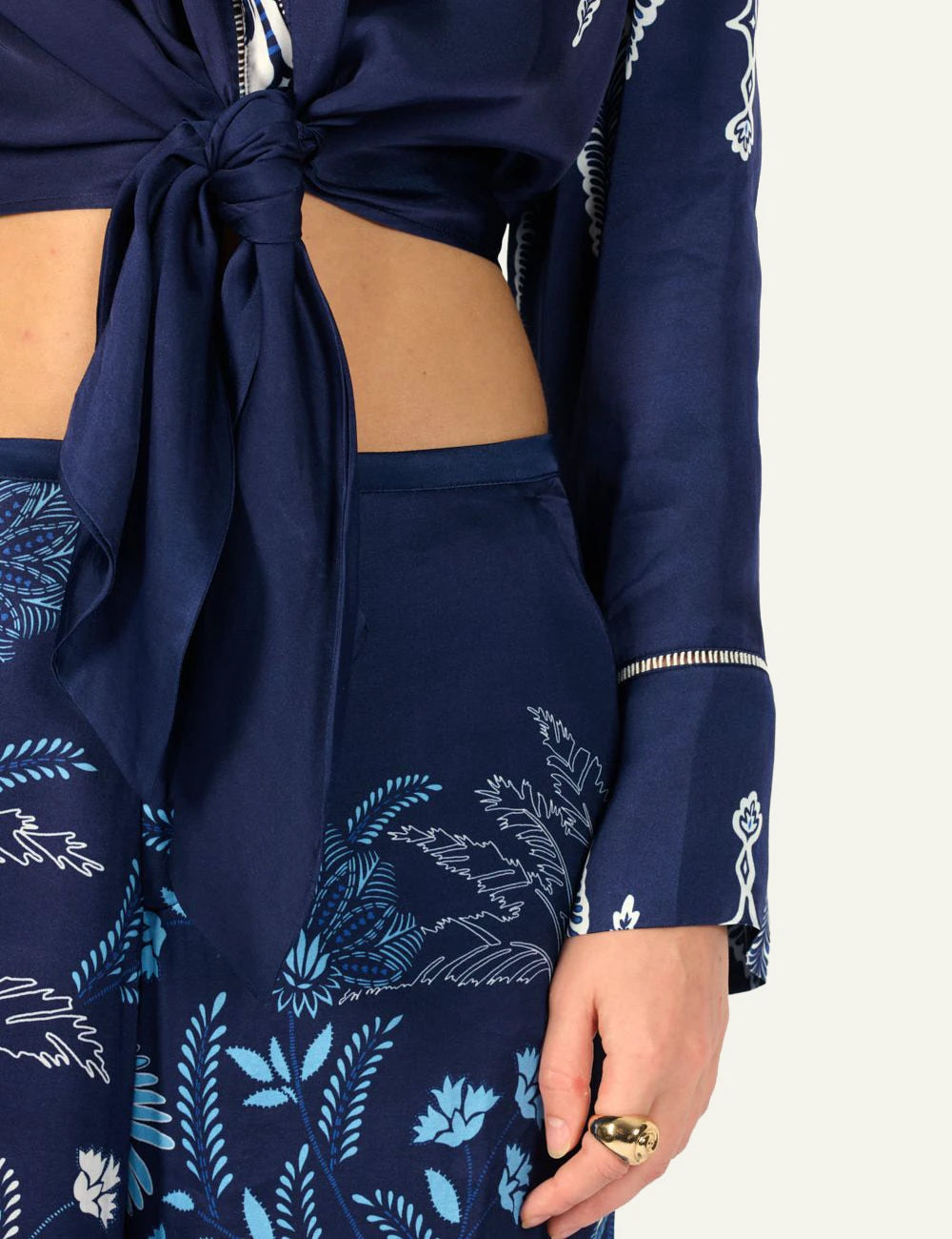 La Poupette Sidonie shirt navy floral satin tie front detail