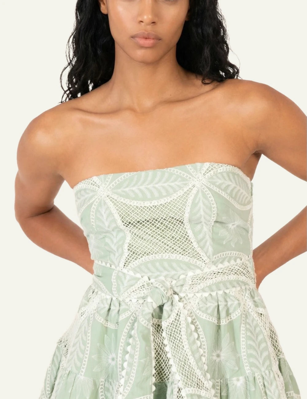 La Poupette strapless mini dress eyelet mandala green lace detail front detail view