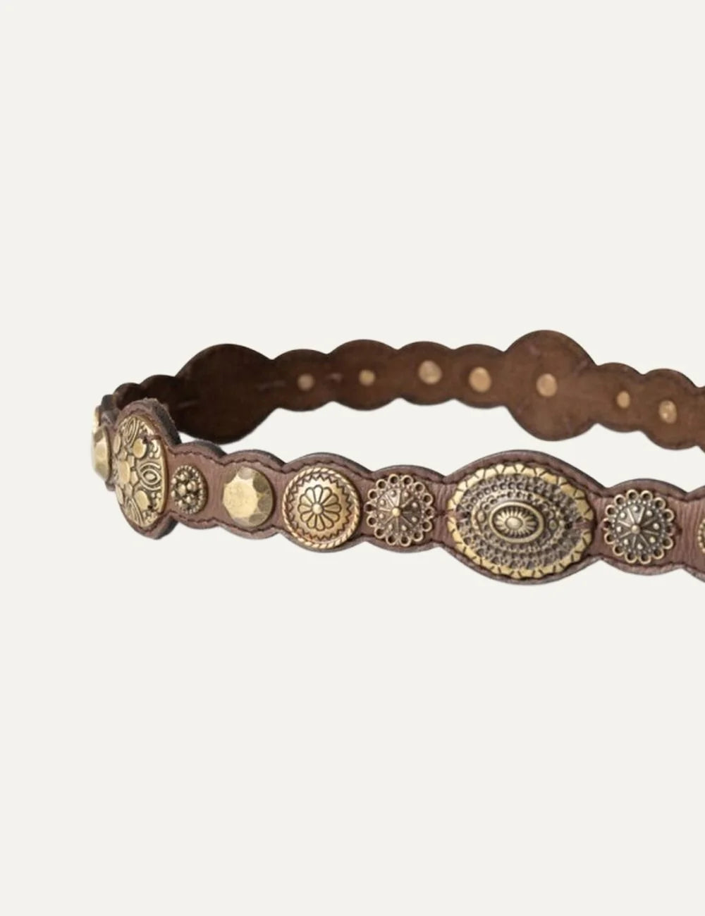 Biba women's brown leather belt with scalloped leather detailing, antique gold-tone circular embellishments and a matching metal buckle.