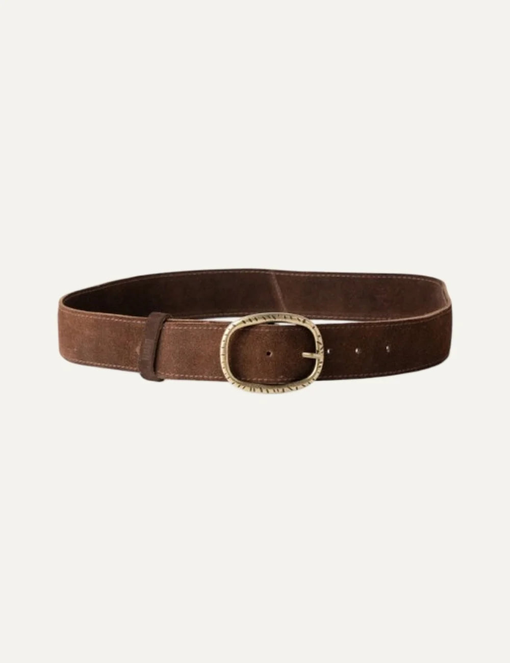 Biba women's brown suede leather belt with a wide strap, oval antique gold-tone textured buckle and matching leather keeper.