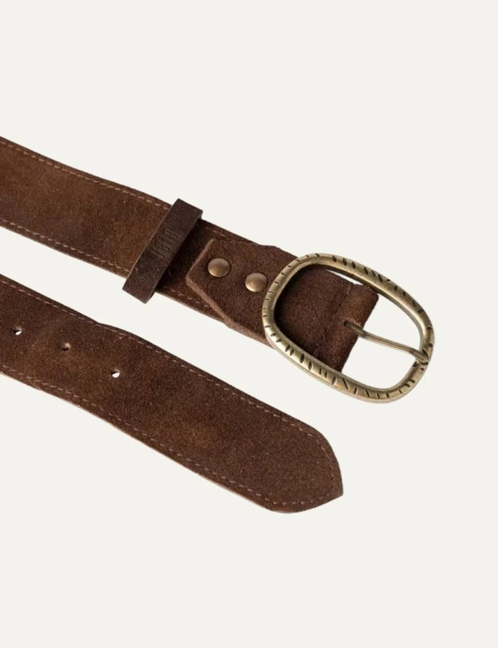 Biba women's brown suede leather belt with a wide strap, oval antique gold-tone textured buckle and matching leather keeper detail