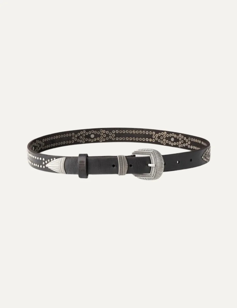 Biba women's black leather western belt with silver-tone stud detailing, engraved antique silver buckle and decorative metal tip.