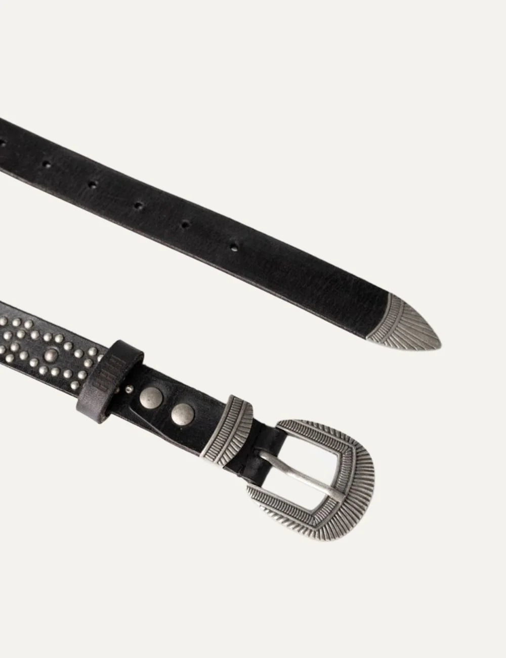 Biba women's black leather western belt with silver-tone stud detailing, engraved antique silver buckle and decorative metal tip detail