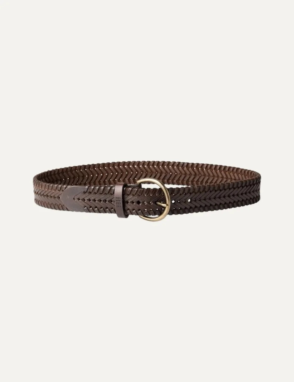 Biba women's dark brown braided leather belt with a herringbone weave, pointed leather tip and round antique gold-tone buckle.