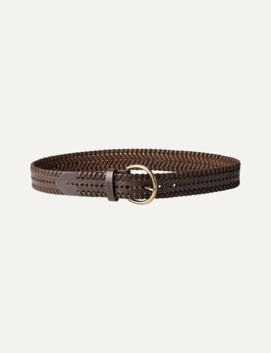 Biba women's dark brown braided leather belt with a herringbone weave, pointed leather tip and round antique gold-tone buckle.