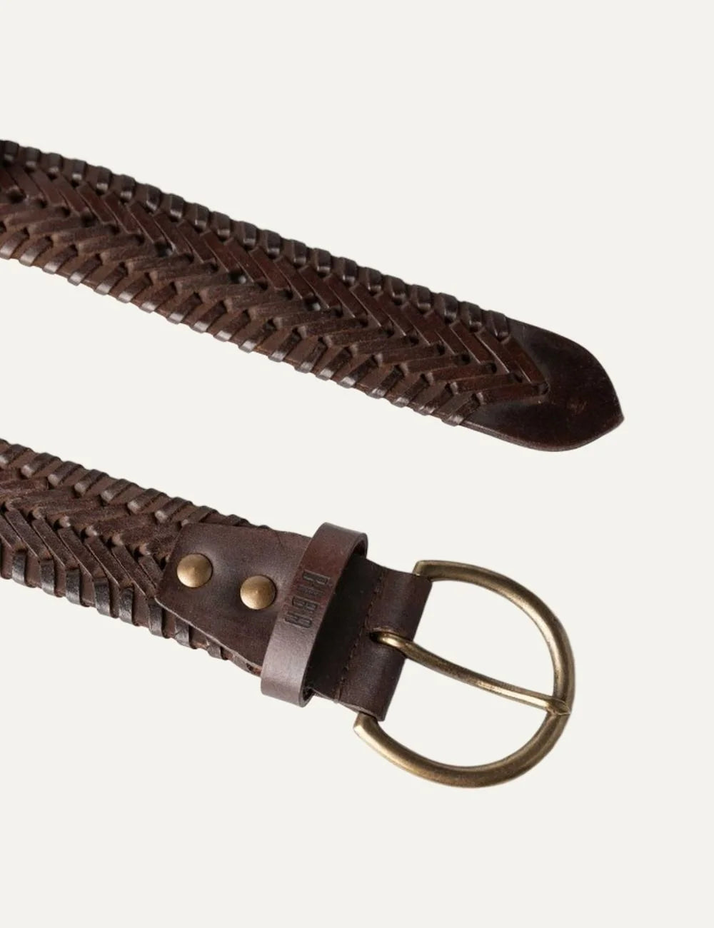 Biba women's dark brown braided leather belt with a herringbone weave, pointed leather tip and round antique gold-tone buckle detail