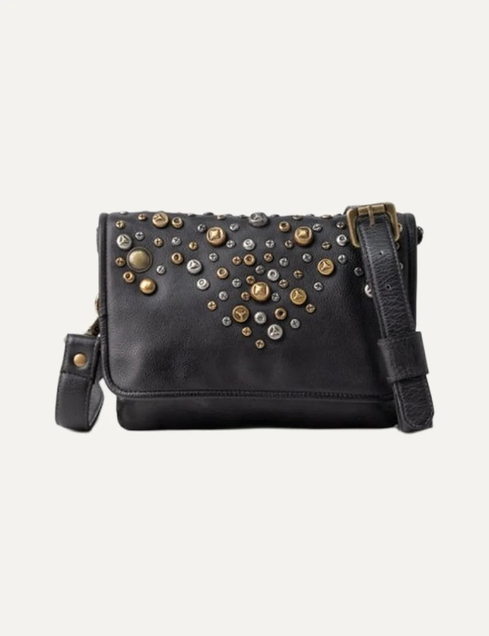Biba black washed leather crossbody bag with gold and silver studs, flap closure and adjustable detachable strap.