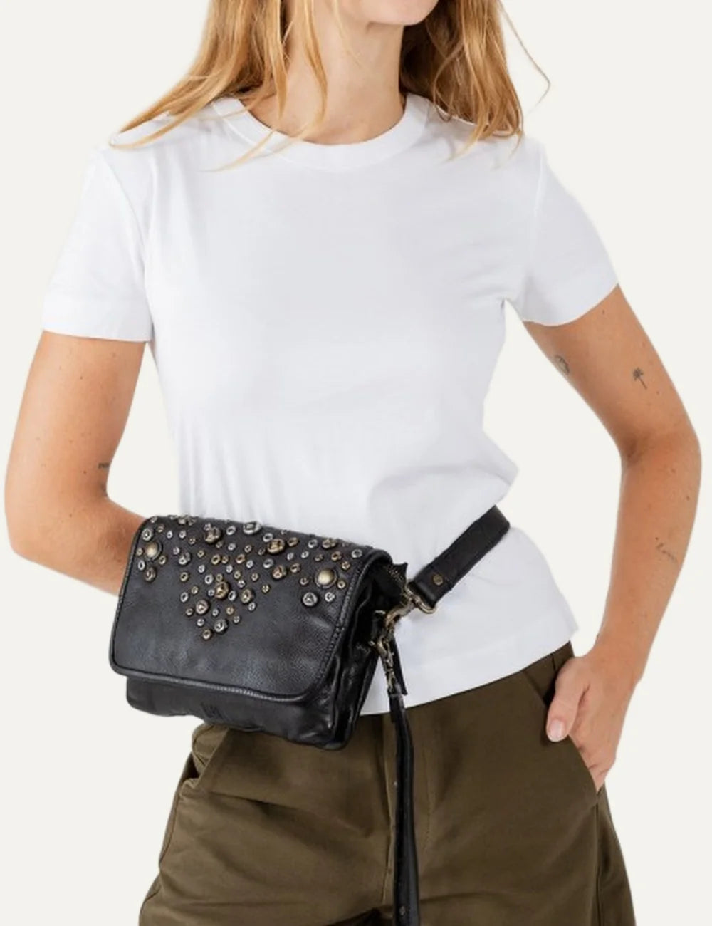 Biba black washed leather crossbody bag with gold and silver studs, flap closure and adjustable detachable strap model