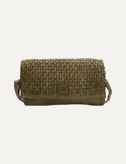 Biba khaki washed leather crossbody bag with handwoven flap, rectangular shape and adjustable detachable strap.