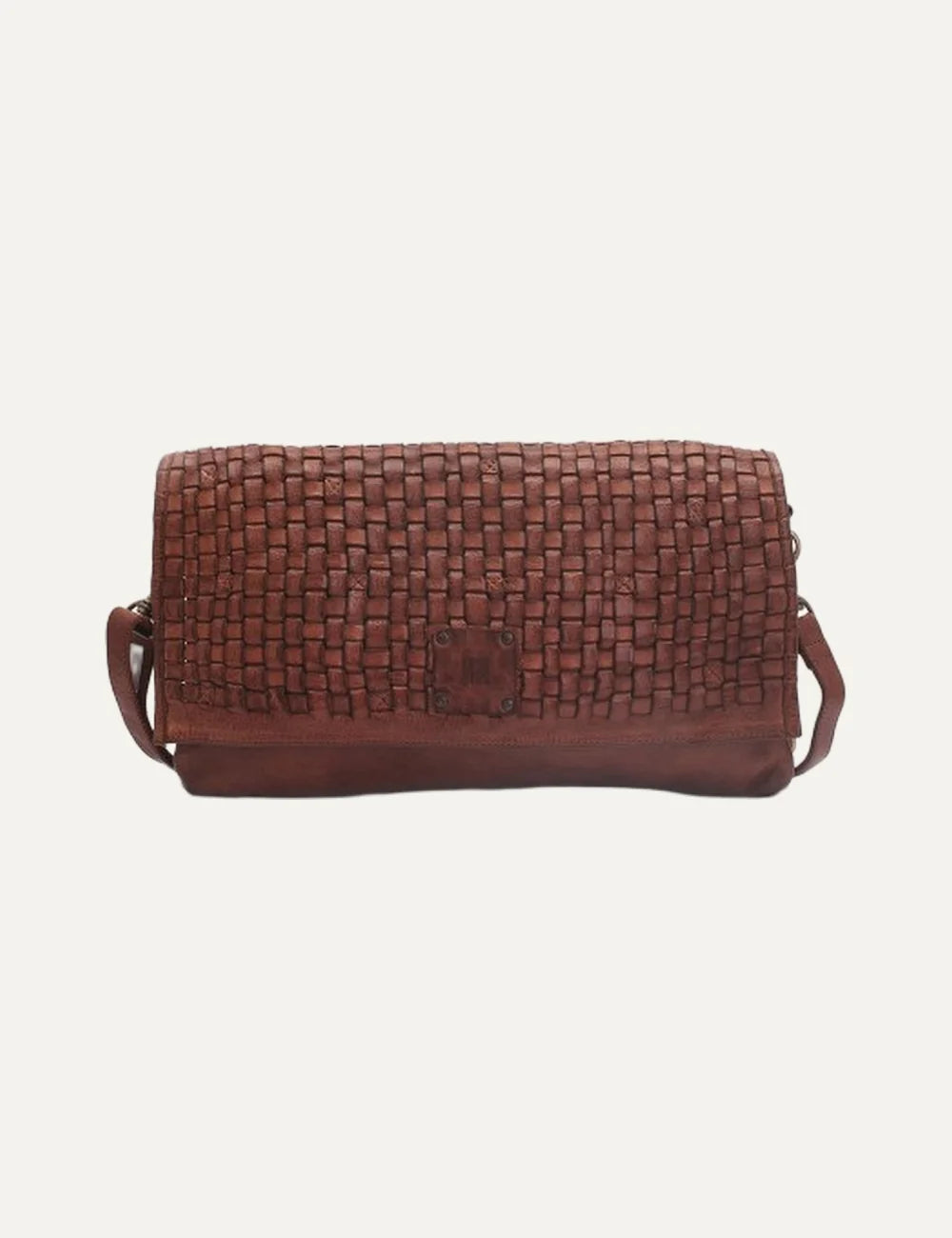 Biba khaki washed leather crossbody bag with hand-braided flap, rectangular silhouette and adjustable strap.